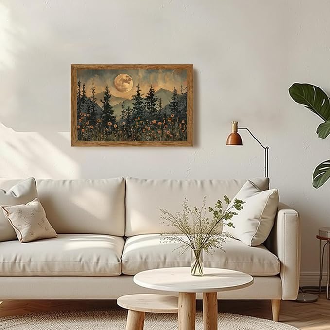 JLTULT Vintage Pine Tree Wall Art, Moonlit Wood-Framed Canvas, 16 x 24 In | Moonlit pine forest with wildflowers, fade-resistant canvas and ready-to-hang frame for bedrooms, living rooms and offices