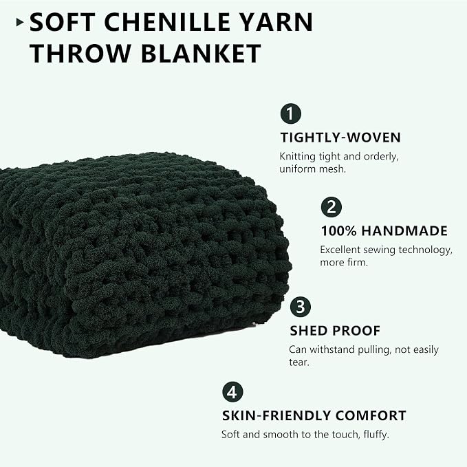 L'AGRATY Chunky Knit Throw Blanket for Couch, 72 x 84 Inches, Olive Green | Handmade Chenille Crochet Blanket for Sofa Bed, Thick Cable Knitted Blankets for Room Home Decor, Birthday Gift for Women Mom