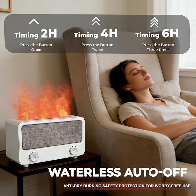 Fireplace Flame Aromatherapy Diffuser with Bluetooth Speaker, Essential Oil Diffuser for Home Bedroom, Ultrasonic Cool Mist Humidifier 7 Colors LED Light Auto-Off Protection Home Bedroom Office Yoga