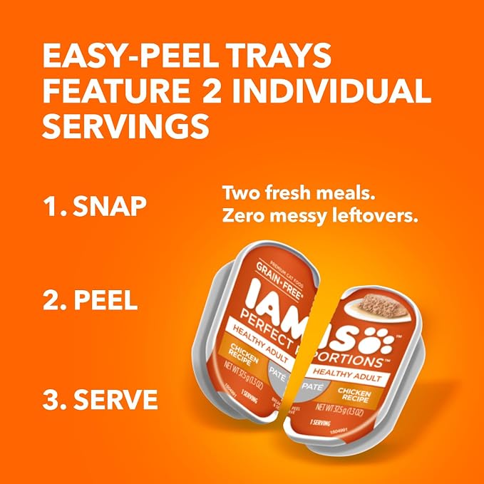 IAMS Perfect Portions Pate Wet Cat Food, Variety, 12 Count, 2-Pack | Grain-free, prebiotics & beet pulp for easy digestion, Omega 6 & 3 for skin & coat, snap-peel-serve 2.6 oz. twin-pack trays