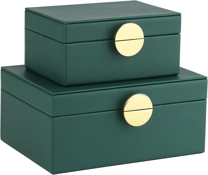 HofferRuffer Faux Leather Jewelry Boxes, Decorative Boxes Storage Accessory Organizer with Gold Hardware Decor, Classic Vegan Leather Set of 2 Pieces (Green)