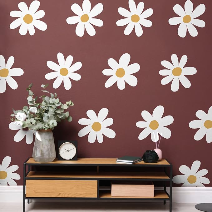 TaoBary 12 Sheet Daisy Wall Sticker Decal,White, Yellow,Vintage Style | Big Flower Wall Sticker, Pink White Floral Decal, Daisy Bedroom Room Decor, Removable Peel and Stick, Nursery Home Wall Decor
