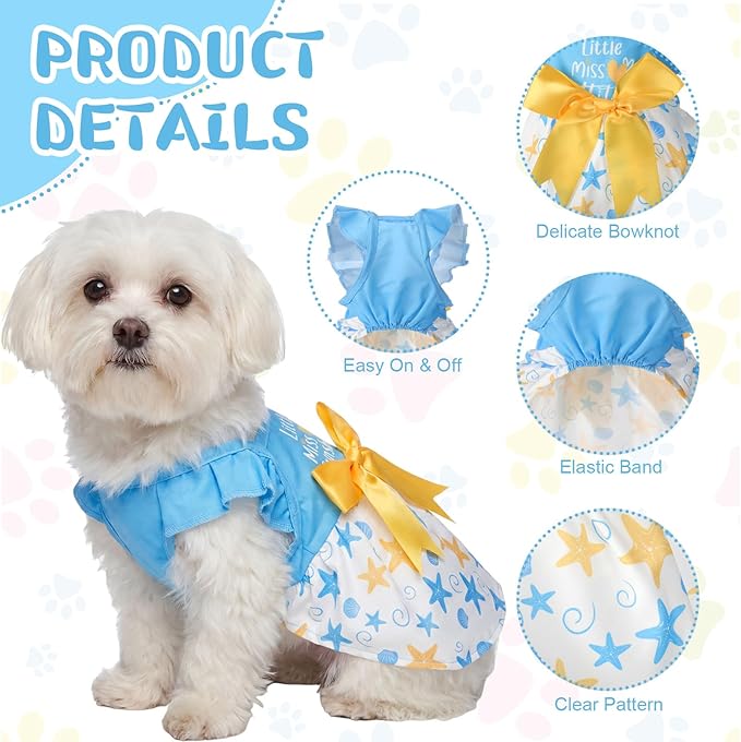 Abbylike 5 Pcs Large Girl Dog Dresses, Blue Summer Pet Clothes, XL Size | Coastal Ocean, Starfish Floral Daisy Polka Gingham Bowknot, Breathable Dog Skirts Outfits for Pets Cat Female, 11 to 13.2 Lbs