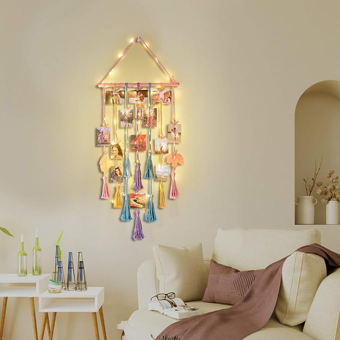Room Decor for Teen Girls, Hanging Photo Display Macrame Picture Collage Wall Decor, Boho Decor for Bedroom Apartment Dorm Room with Remote Light, Christmas Birthday Gifts for Teenage Girls
