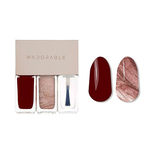 Vegan Nail Polish 3pc Set – Burgundy & Metallic Rose Gold + Clear Top Coat | Halal, Water-Based, Breathable, Chip-Resistant, 0.51 fl oz