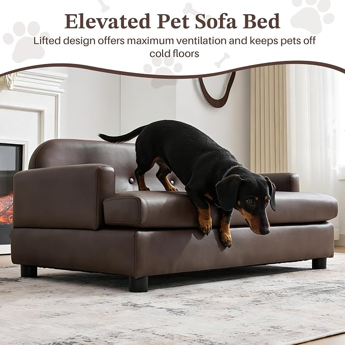 Luxury Dog Sofa Bed Elevated Pet Couch with Durable Waterproof Leather | Dog Couch with Orthopedic Sponge, Modern Furniture Style Dog Lounge & Pet Bedside Step, for Medium/Large Dogs, Brown
