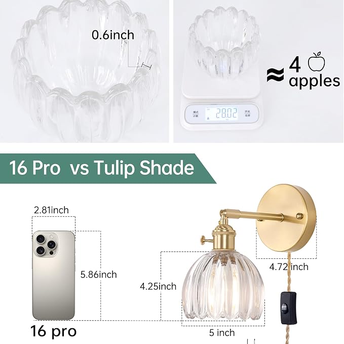 Shenmoyl Plug in Wall Sconce, Transparent Tulip Glass Lampshade Wall Light Plugin Corded for Bedside Bedroom Doorway