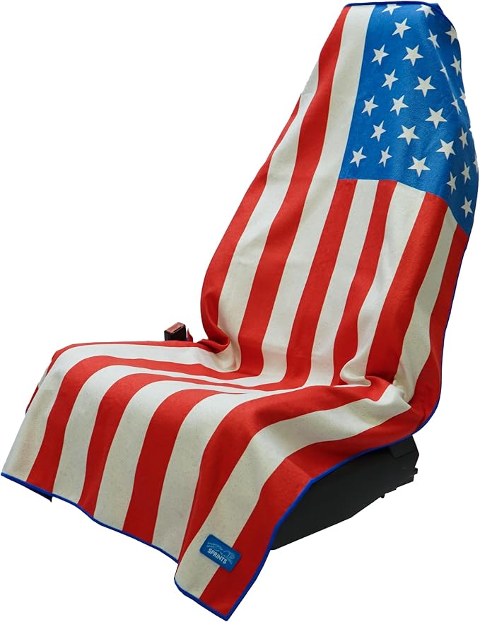 Sprints Athletic Running Towel, Full-Sized, Car Seat Cover - Performance Microfiber (American Flag w/Snaps)