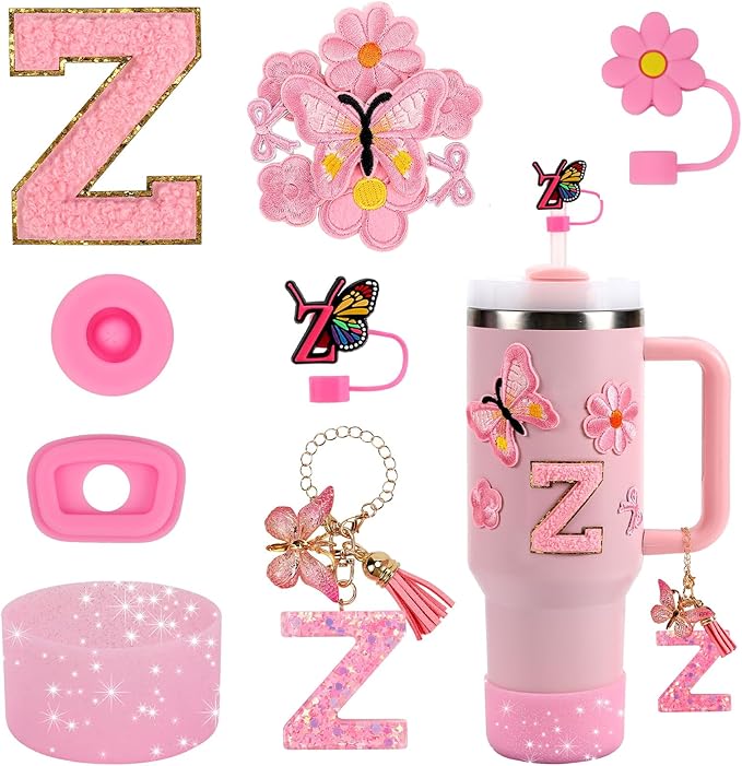 15PCS Cup Accessories Set for Stanley Cup 30oz 40oz Tumbler with Handle, Including Silicone Straw Cover and Boot, Spill Proof Stopper, Stanley Charms, Handle Charm, Initials Sticker