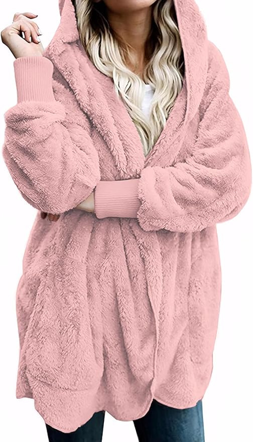 Zilcremo Women Hooded Cardigan Fuzzy Jacket Winter Open Front Fleece Coat Outwear with Pockets
