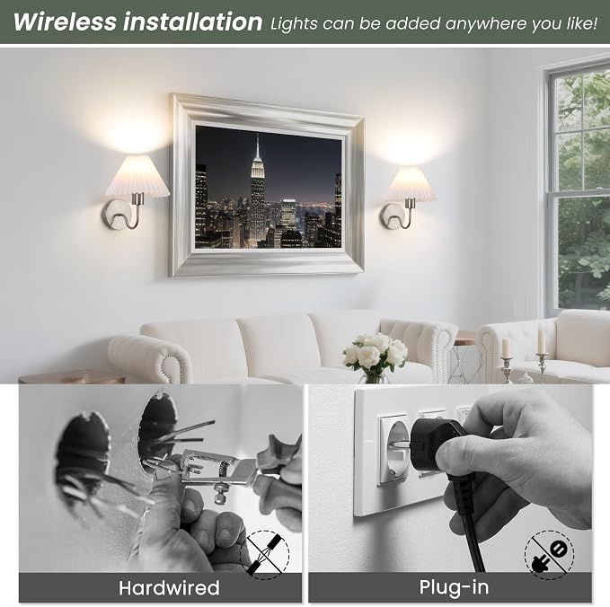 Wireless Wall Sconce Sets of 2, Pleated Shades Rechargeable Battery Operated Wall Sconce, Retro gooseneck Brushed Nickel Bathroom Vanity Lights, Wall Mounted Lamps for Bedroom Living Room Hallway