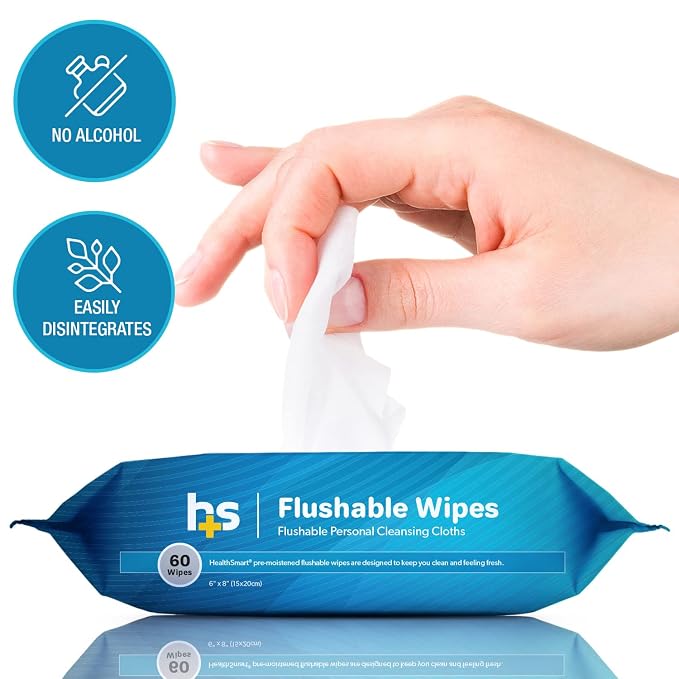 HealthSmart 60 Count Flushable Wipes, Gentle on Sensitive Skin, Easily Disintegrates, Alcohol-Free Wipes for Adults or Babies, FSA & HSA Eligible