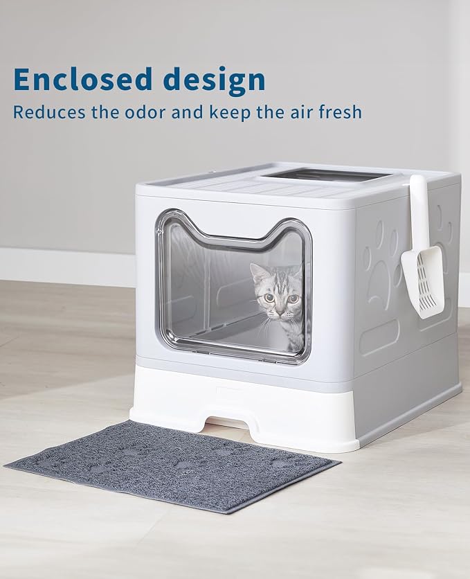 Medario Cat Litter Box with Litter Mat and Scoop (Grey) | Large Covered Litter Box with Lid, Enclosed Kitty Box, Front Entry Top Exit, Odor Control, Easy to Clean