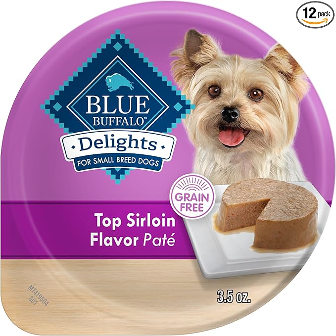 Blue Buffalo Delights Top Sirloin Small Breed Wet Dog Food, 3.5 oz, 12 ct | Adult Formula, Grain-Free, Pate Style, Real Beef First, in Savory Juice, No Corn, Wheat, or Soy