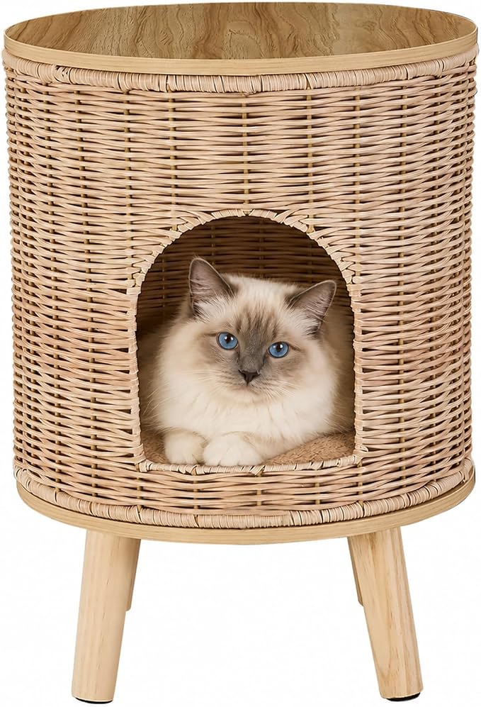 Rattan Cat House End Table, 2-in-1 Cat Bed Side Table, Stylish Pet Furniture for Indoor Cats in Living Room and Bedroom (Natural, 15.7”L x 15.7”W x 22”H)
