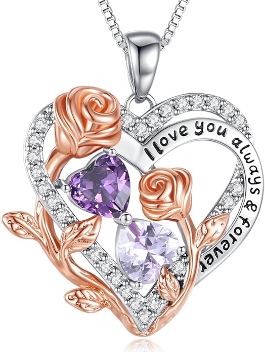 I Love You Birthstone Necklace, 925 Sterling Silver Heart Pendant with CZ Diamond Stones, Birthday Gifts for Women, Romantic Gift for Wife, Girlfriend, Her, Anniversary, Valentine's Day, Christmas