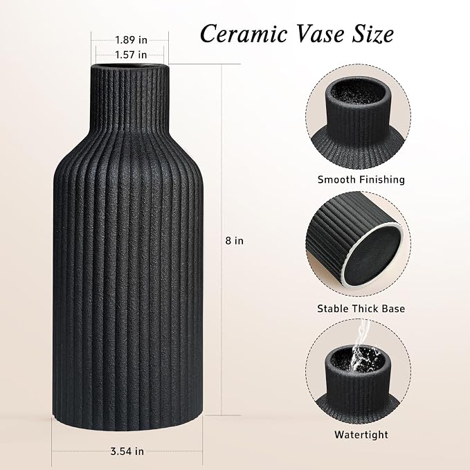 Black Ceramic Flower Vase, Minimalist Modern Home Decor, Matte Finish Pampas Grass Vase for Table, Fireplace, Shelf, Mantel, Entryway and Centerpieces (10in)