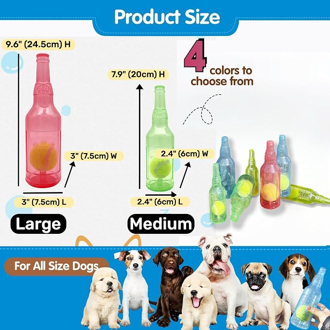 Tennis Ball in Bottle Dog Toy [2025 New Upgrade] Reinforced and Thickened Rubber Bottle Dog Chew Toy with Ball Squeaky Fetch Toy Tough (Red, Medium)