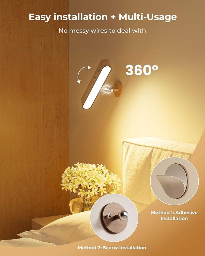 Rechargeable Wall Sconce, Battery Operated Indoor Wall Lights for Bedroom, Touch and Remote Control, 360° Rotate Walnut Wood Wall Sconces, 3 Colors Dimmable Brightness Wall Lamp, 15 RGB Colors, 1p