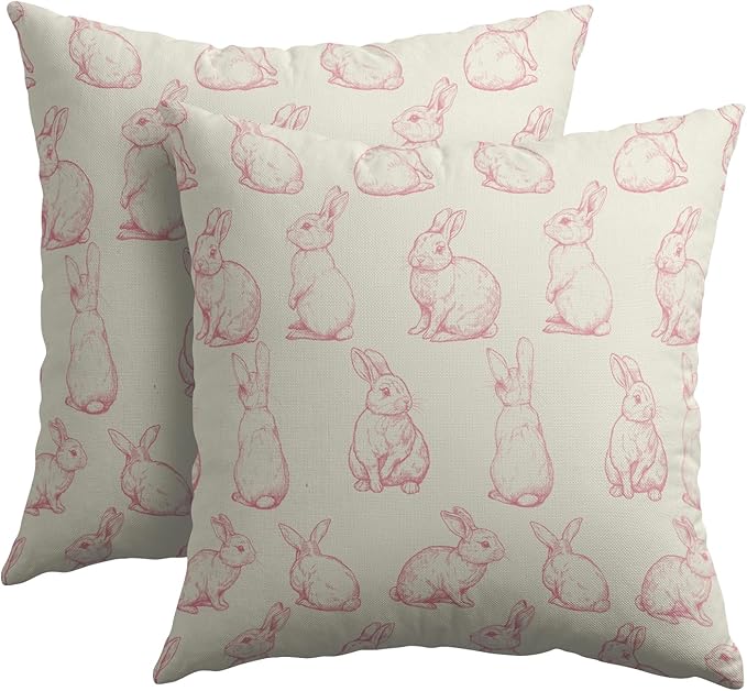 Kawani Easter Bunny Throw Pillow Covers 18x18 Inch Set of 2 Vintage Pink Rabbits Rustic Decorative Pillowcase Square Cotton Linen Cushion Case for Sofa Bed Couch Porch Outdoor Home Decor