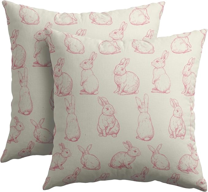 Kawani Easter Decoration Pillow Covers 20x20 in, 2 pcs Pink Cute Rabbits Holiday Decorative Pillow Cases Cotton Linen Cushion Cover for Farmhouse Couch Sofa Rustic Spring Home Decor