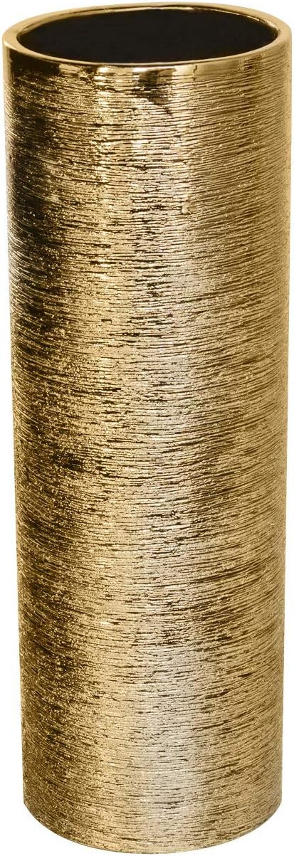 Royal Imports Flower Glass Ceramic Vase Decorative Centerpiece for Home or Wedding - Etched Cylinder Shape, 4"x12", Gold