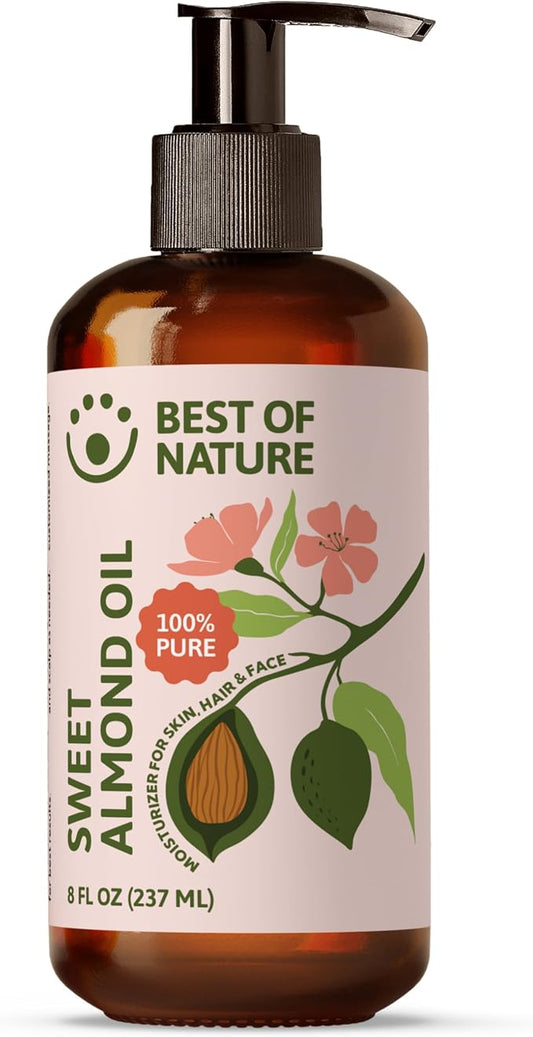 Best of Nature 100% Pure Sweet Almond Massage & Body Oil, Deep Moisturizing Unscented Oil for Hair, Skin, Face, & Aromatherapy, Ideal Carrier Oil for Essential Oils (8 fl oz)