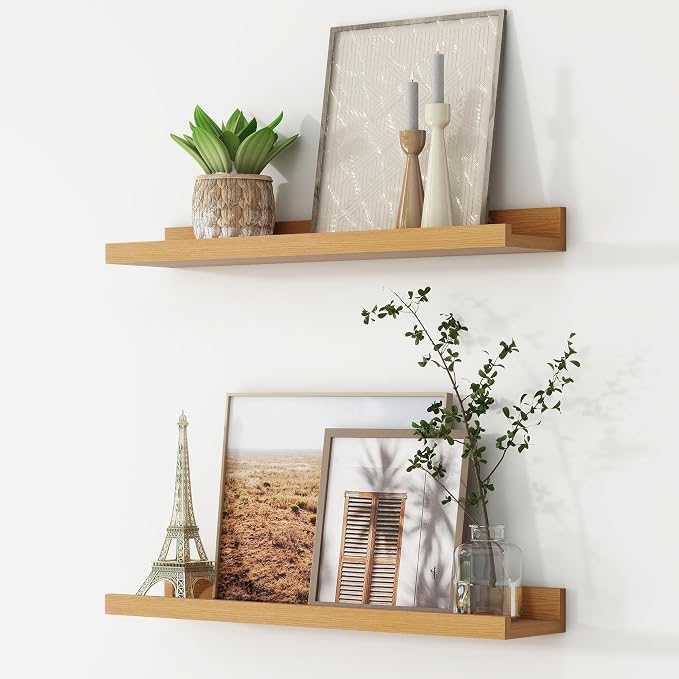 Picture Ledge Shelf, Floating Shelves for Wall, 24" W Set of 2, Oak | FSC Certified Engineered Wood, Wall Mounted Bookshelf, for Nursery Living Room Bedroom, Pre-Drilled, Easy Install