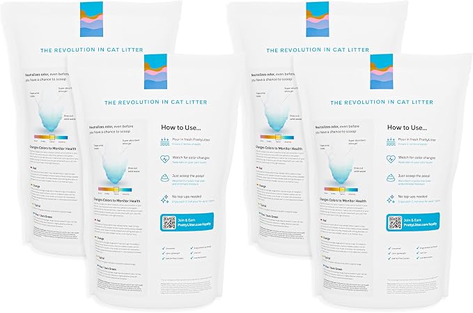 PrettyLitter Health Monitoring Cat Litter, Unscented, 4-Pack, 6 lb. Bags | Up to 4 Months Supply, Non-Clumping, Advanced Odor Control, Automatic Litter Box Compatible, Color Changing Silica Crystals
