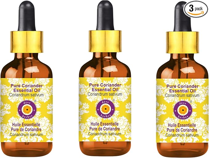 Deve Herbes Pure Coriander Essential Oil (Coriandrum sativum) with Glass Dropper Steam Distilled (Pack of Three) 100ml X 3 (10 oz)