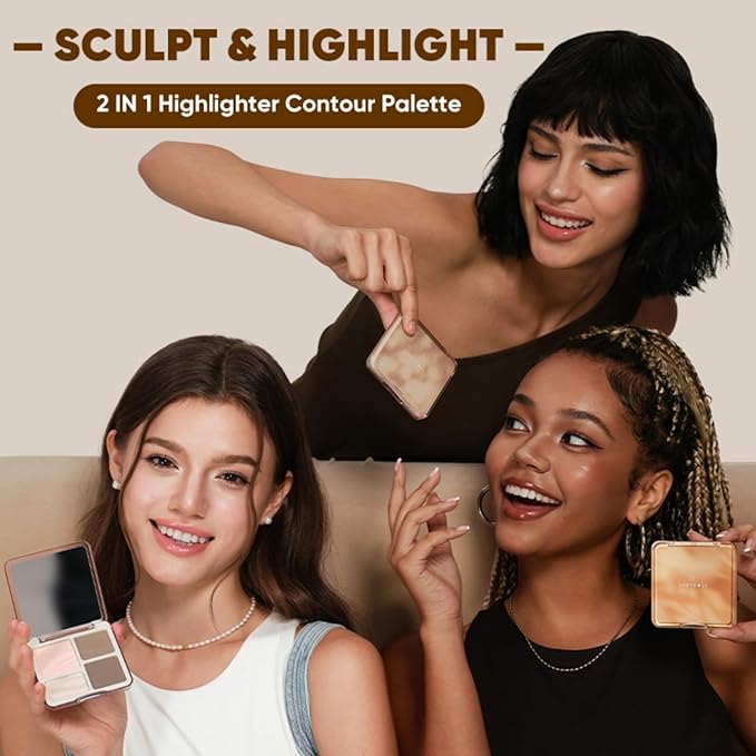 JUDYDOLL Highlight & Contour Palette, All-in-One Matte Highlighter Contour Compact, Natual Finish, Brightening Blendable Face Makeup for Cool Fair and Olive Skin (New Version 01 Wave Shadow Palette)