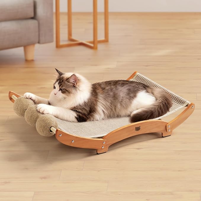 3 in 1 Sisal Cat Scratcher Bed, Solid Pine Cat Scratcher with Balls (Wood) | Extra Large Cat Scratching Post with Hammock, Cat Scratcher for Scratch & Play & Rest, Cat Furniture for Indoor Cats, Kitten