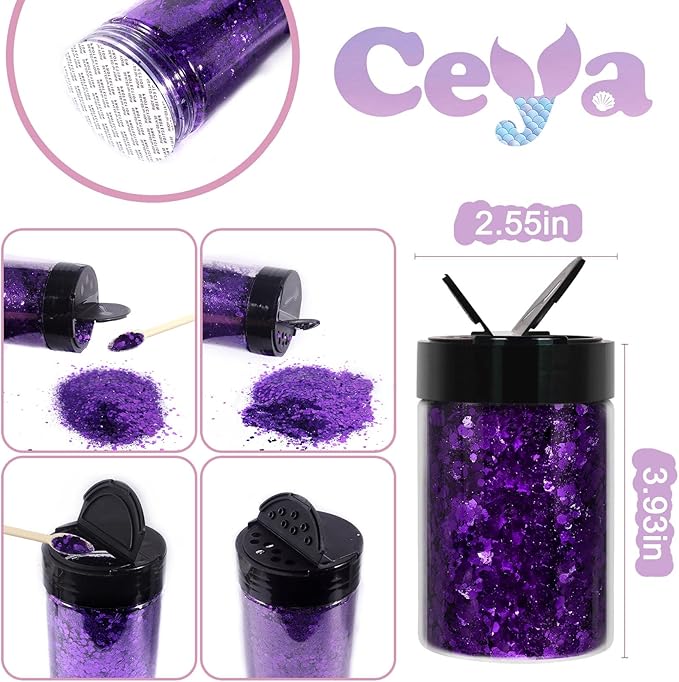 Ceya Chunky Glitter, 4.9oz/ 140g Violet Jade Craft Glitter Powder Mixed Fine Flakes Iridescent Nail Sequins for Nail Art, Hair, Epoxy Resin, Tumblers, Slime, Painting, Festival Decor