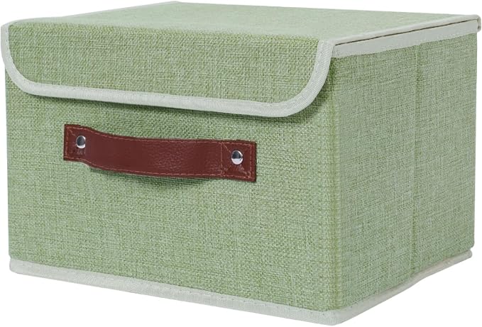 ANMINY Fabric Storage Box Bins with Lids, Green, 13"x9"x7.9" | Keepsake Memory Storage, Cotton Linen, PP Board Reinforced, Washable, PU Handles, Foldable & Stackable, Decorative, Medium
