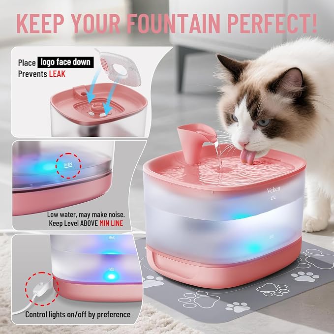 Veken 85oz/2.5L Cat Water Fountain with Detachable Tank for Cat, Dog, Red | Easy to Clean & Assemble, Pet Drinking Dispenser with Quiet Operation & LED Light, Small Pets
