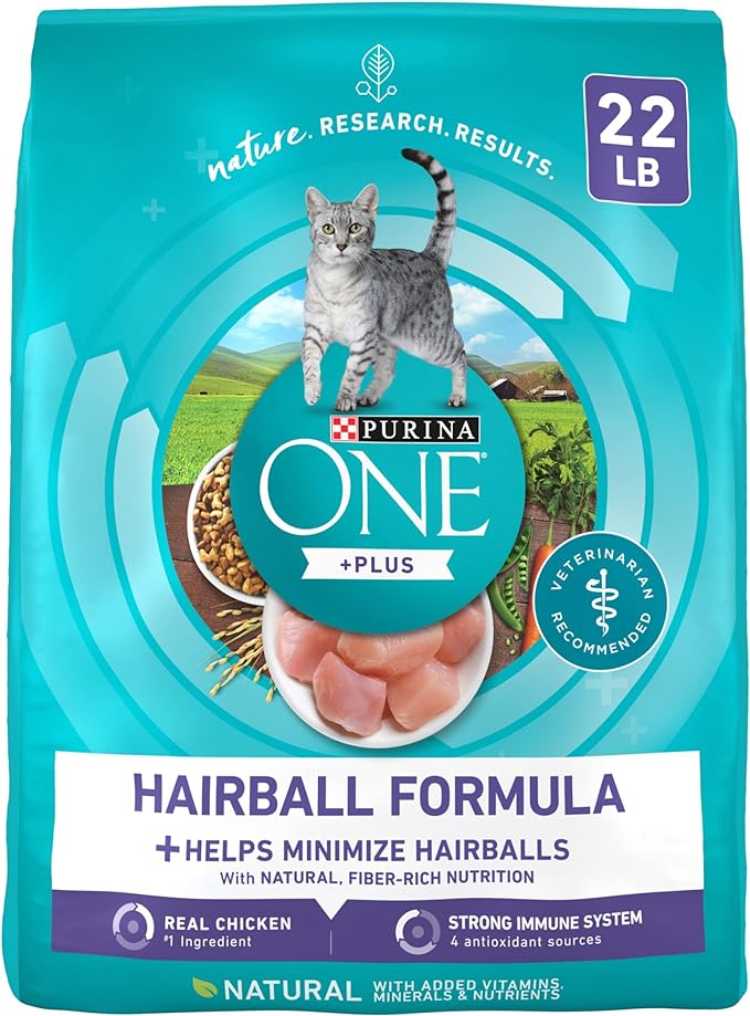 Purina ONE Natural Hairball Control Dry Cat Food, 22 lb Bag | Real chicken high fiber formula with added vitamins and minerals for overall health for adult cats and minimizes hairballs
