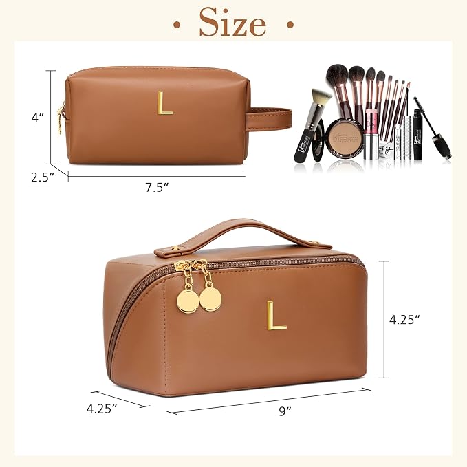 KKXIU Initial Makeup Bag for Women - Personalized Makeup Bag Gifts for Women, Travel Toiletry Bag with PU Leather, Open Flat Design with Top Handle, Cosmetic Bag Set with Multi-Pocket (Brown,L)