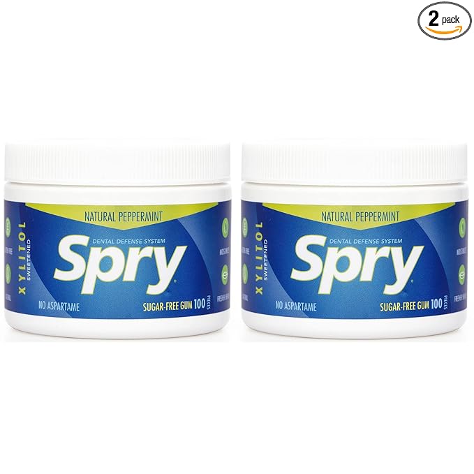 Spry Fresh Natural Xylitol Chewing Gum Dental Defense System - Aspartame-Free, Sugar-Free, Non-GMO, Gluten-Free (Peppermint, 100 Count - Pack of 2)