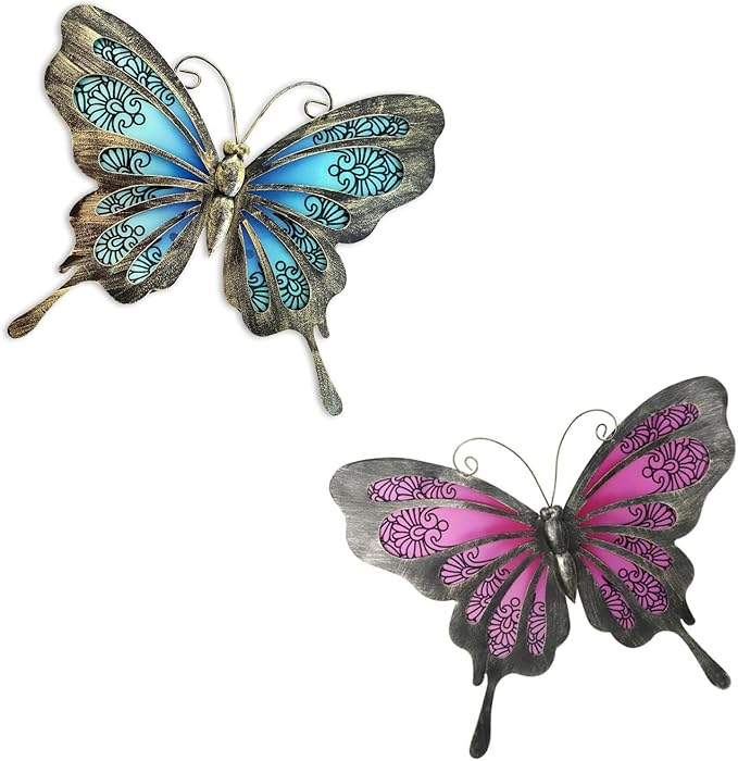 LIFFY Metal Butterfly Wall Decor,2Pack 12" Glass Butterfly Outdoor Wall Art Sculptures,Hanging Garden Decor Outside for Home,Yard,Fence,Patio