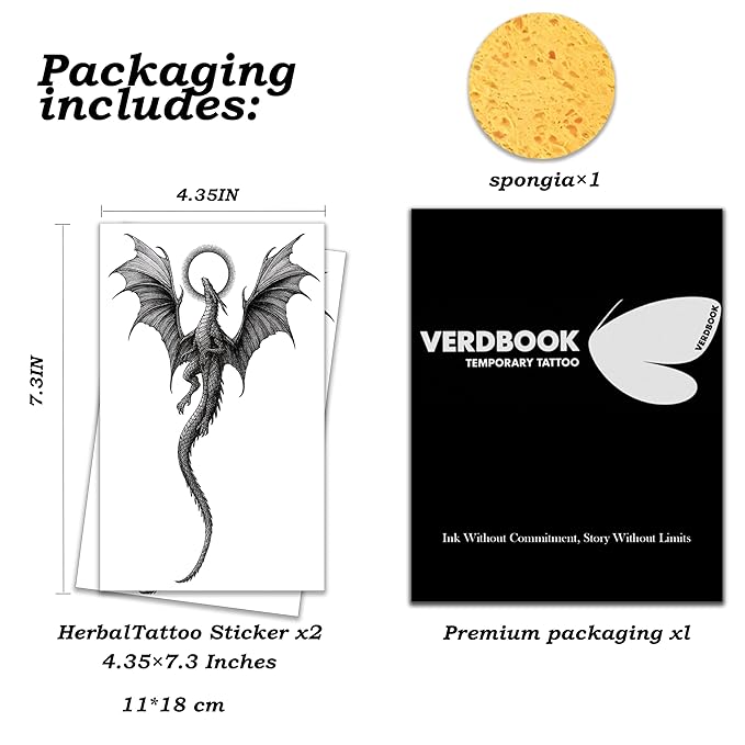 Waterproof Temporary Tattoos: 2-Sheet Tattoo Kit with Realistic Body Stickers, Semi-Permanent Tattoos for Adults Lasting 7-15 Days – Safe for Men & Women, Haloed Winged Dragon Pattern