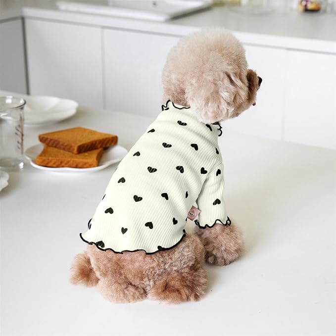 Pet Clothes for Small Dogs Cat Summer Fall Heart Print Shirt Stretchable Ruffle Long Sleeve Outfits for Chihuahua Schnauzer Shih Tzu Yorkie (Beige, Large)