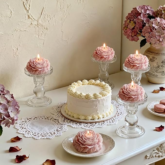 4 Pack Peony Flower Shaped Decorative Scented Candles, Floral Aromatherapy Decor for Wedding Bridal Shower, Dessert & Flower Cake Table, Birthday Gifts for Women Mom Wife (Dust Pink)