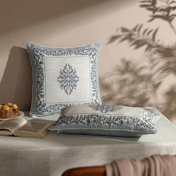 Designer Linen Throw Pillow Cover,Set of 2,18"x18"-Segerman A | Elegant Chinoiserie Square Pillow Cover,Concealed Zipper Design,Floral Pattern,Sofas,Bedroom,Living Room,Lounge Chairs
