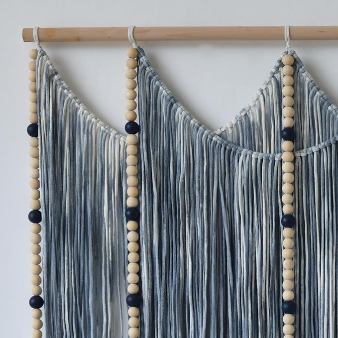 Jakalin Macrame Wall Hanging Blue Dip Dye Bead Boho Home Decor 57"x43" | Blue Dip-dye Cotton Cord, Handwoven Beadwork, Artisan Texture, Modern Boho Wall Decor, Home Accent Yarn Fiber Wall Art