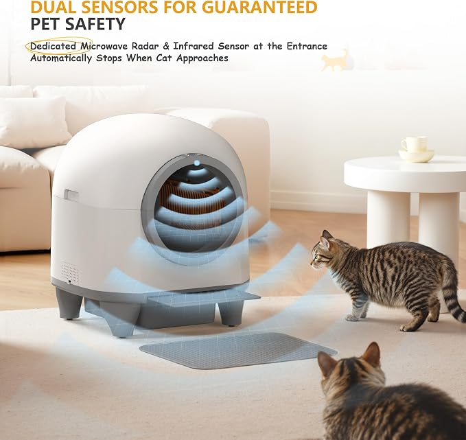 WARCAT Self-Cleaning Litter Box – 90L, APP, Sensors, Gray | 90L large capacity for multiple cats. APP-controlled with smart sensors. Safety protection. Includes mat & 1 garbage bag.