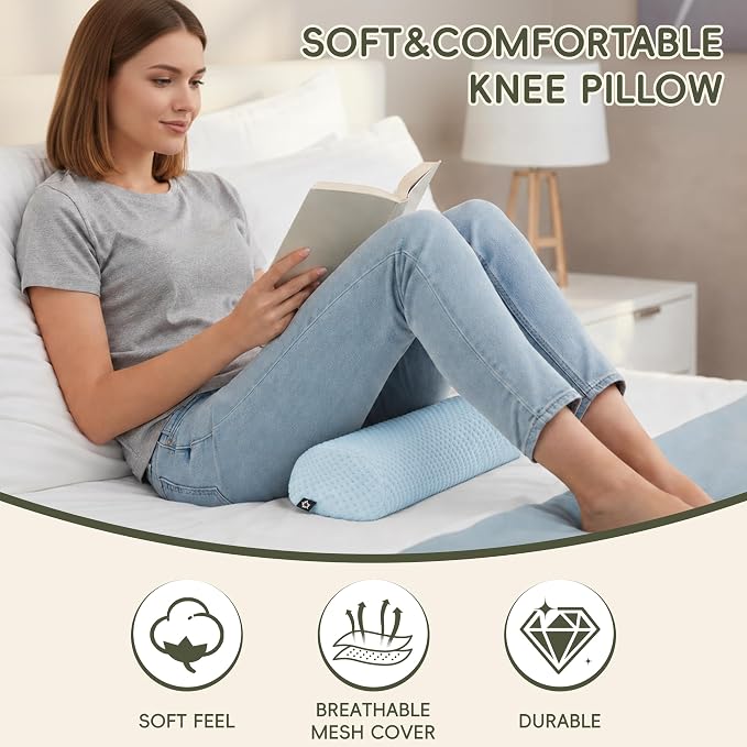 SPRING SEAON Half Moon Bolster Knee Pillow for Back Sleeping Memory Foam Leg Pillow for Ankle and Foot Comfort Under Knee Pillow for Side Sleepers Machine Washable Cover(17" x 7.5" x 4.3")