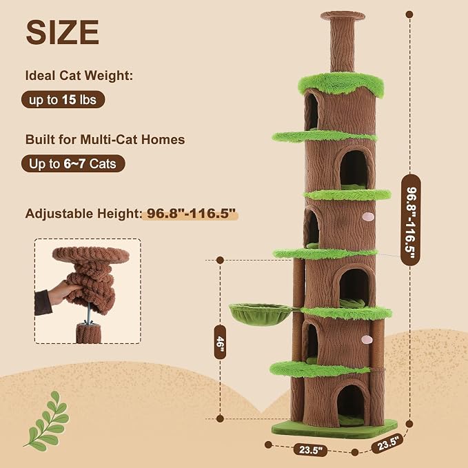 MUTTROS Magic Forest Floor-to-Ceiling Cat Tree, Adjustable 96.8"-116.5" | Designed for multi-cat homes, 6 spacious condos, scratching posts, hammock and perches for cats to climb, rest and relax