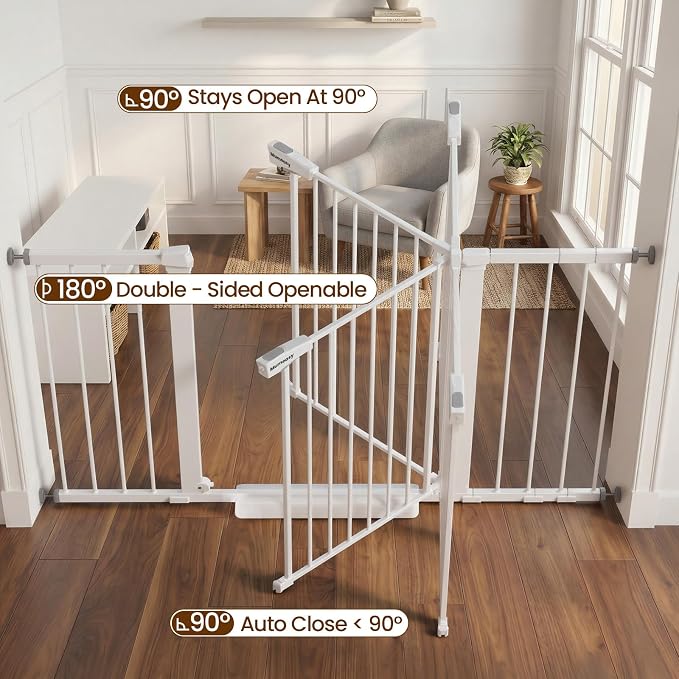 Mumeasy 29.7-54.2" Baby Gate for Stairs, Pressure Mounted Dog Gate for Doorways, Extra Wide Walk Thru Safety Pet Gate for Doors with Auto Close, Easy Install Child Gate for Hallway Indoor House, White