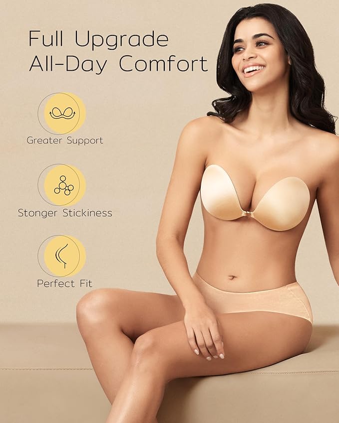 Niidor Adhesive Bra Strapless Sticky Invisible Push up Silicone Bra for Backless Dress with Reusable Nipple Covers
