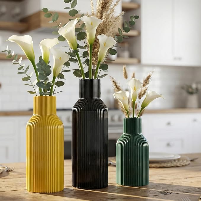 Colorful Ceramic Vases Set of 3,Smooth Vertical Ribbed, Minimalist for Pampas Dried & Fresh Flowers, Centerpiece for Living Room, Shelf, Entryway, Wedding (Black, Deep Green,Yellow)